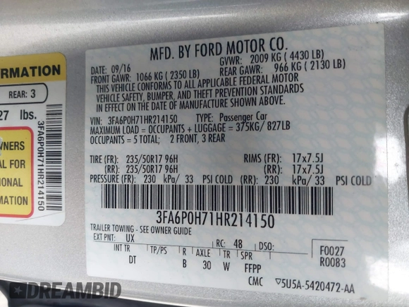 2017 Ford Fusion SE with VIN 3FA6P0H71HR214150, listed as a IAAI auction lot 41533148 with 125,654 mi miles. Bid and sale history available at carsss.com. Image 9.