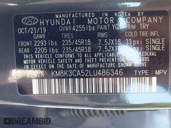 2020 Hyundai Kona Limited with VIN KM8K3CA52LU486346, listed as a IAAI auction lot 40313683 with 30,116 mi miles. Bid and sale history available at carsss.com. Image 9.