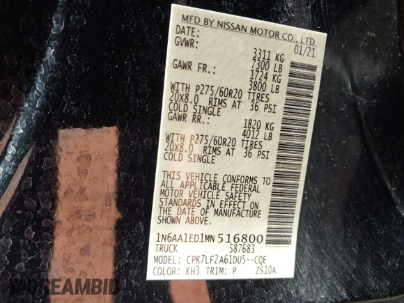 2021 Nissan Titan Pro-4X с VIN 1N6AA1ED1MN516800, выставлен на аукционе IAAI как лот 41973824 с пробегом 61 256 миль миль и . История ставок и продаж доступна на DreamBid. Изображение 9.