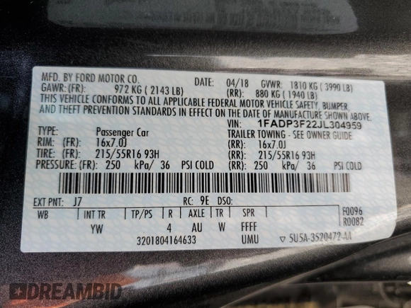 2018 Ford Focus SE with VIN 1FADP3F22JL304959, listed as a Copart auction lot 51994825 with 54,858 mi miles and Salvage Title. Bid and sale history available at DreamBid. Image 12.