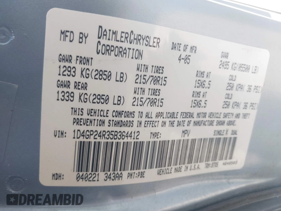 2005 Dodge Caravan with VIN 1D4GP24R35B364412, listed as a IAAI auction lot 42158780 with 228,407 mi miles and . Bid and sale history available at carsss.com. Image 9.