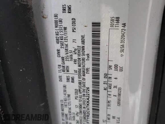 2019 Ford Transit with VIN 1FTYR2CV7KKA22726, listed as a Copart auction lot 89169035 with Not Provided miles and Salvage Title. Bid and sale history available at DreamBid. Image 13.