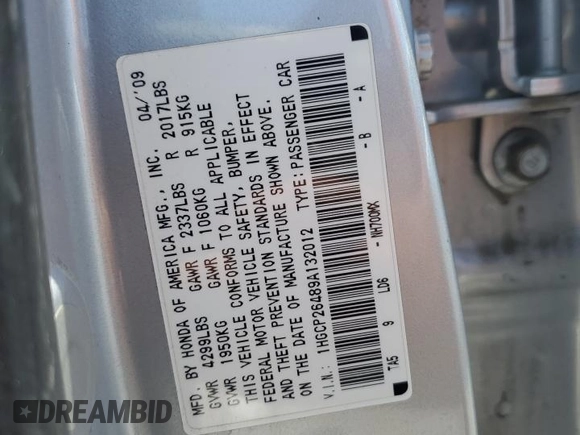 2009 Honda Accord LX-P z VIN 1HGCP26489A132012, wystawiony jako Copart lot #59172065 z przebiegiem 245 765 mil mil oraz Szkoda całkowita • Salvage title. Historia ofert i sprzedaży dostępna na DreamBid. Obrazek 13.