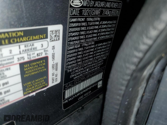 2022 Land Rover Range Rover Westminster with VIN SALGS2RU8NA465582, listed as a Copart auction lot 54510795 with 57,055 mi miles and Salvage title. Bid and sale history available at DreamBid. Image 13.