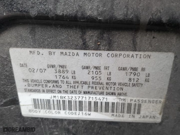 2007 Mazda Mazda3 s Touring with VIN JM1BK323771715471, listed as a Copart auction lot 46475225 with 253,571 mi miles and Salvage Title. Bid and sale history available at carsss.com. Image 12.