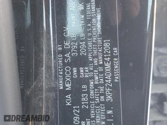 2021 Kia Forte FE with VIN 3KPF24ADXME412081, listed as a Copart auction lot 41478885 with 35,978 mi miles and Salvage Title. Bid and sale history available at carsss.com. Image 12.