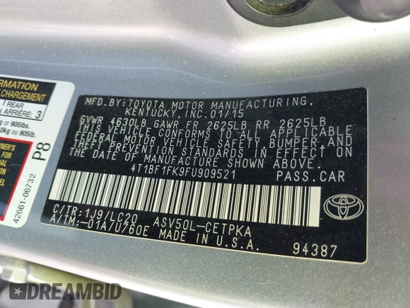 2015 Toyota Camry XLE with VIN 4T1BF1FK9FU909521, listed as a IAAI auction lot 42027895 with 189,682 mi miles and . Bid and sale history available at DreamBid. Image 9.