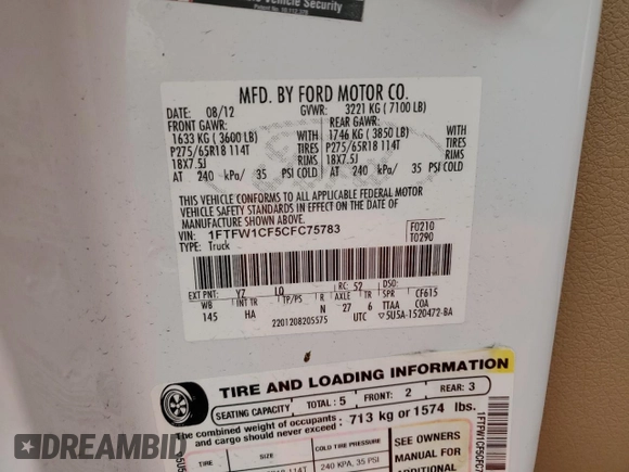 2012 Ford F-150 XL z VIN 1FTFW1CF5CFC75783, wystawiony jako Copart lot #48615845 z przebiegiem 165 937 mil mil oraz Szkoda całkowita • Salvage title. Historia ofert i sprzedaży dostępna na DreamBid. Obrazek 14.