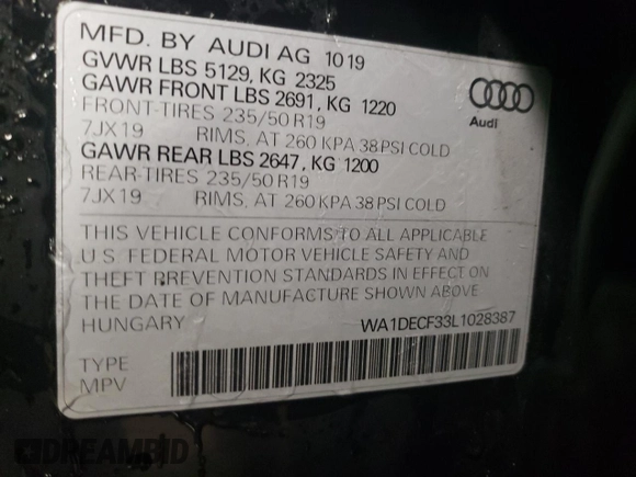 2020 Audi Q3 S line Premium with VIN WA1DECF33L1028387, listed as a Copart auction lot 46089625 with 49,297 mi miles and Salvage Title. Bid and sale history available at carsss.com. Image 13.