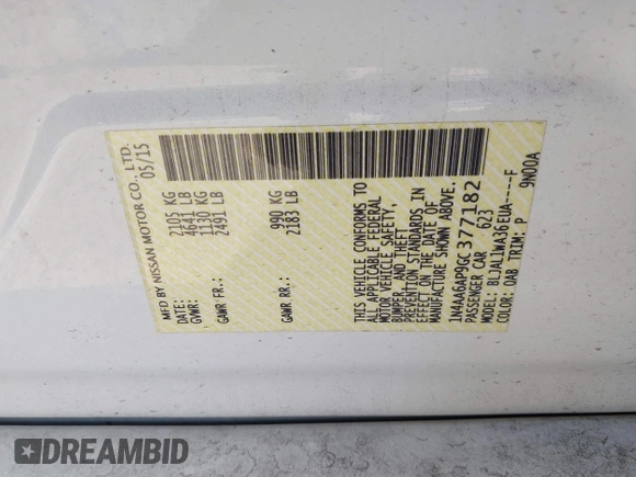 2016 Nissan Maxima SV with VIN 1N4AA6AP9GC377182, listed as a IAAI auction lot 42054766 with 50,433 mi miles and . Bid and sale history available at DreamBid. Image 9.
