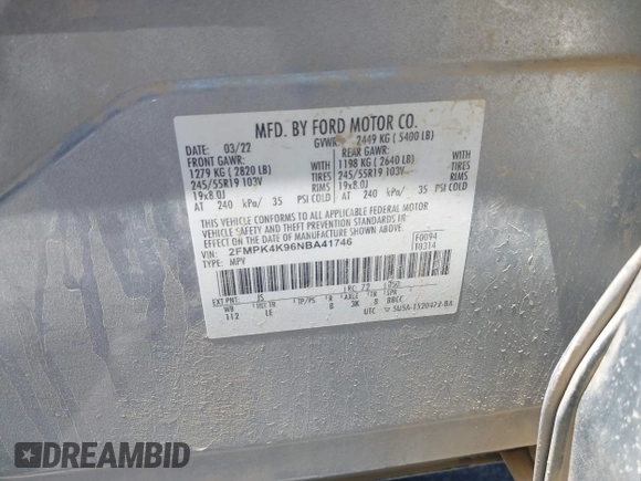 2022 Ford Edge Titanium with VIN 2FMPK4K96NBA41746, listed as a IAAI auction lot 42551594 with 86,730 mi miles and . Bid and sale history available at DreamBid. Image 9.