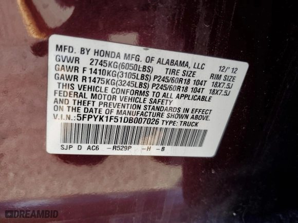 2013 Honda Ridgeline RTL with VIN 5FPYK1F51DB007026, listed as a Copart auction lot 50173665 with 164,429 mi miles and Salvage Title. Bid and sale history available at carsss.com. Image 12.