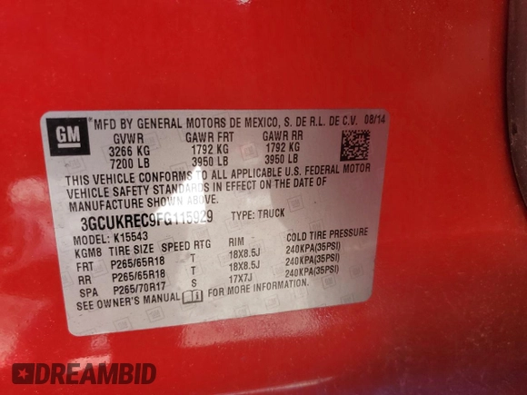 2015 Chevrolet Silverado 1500 LT with VIN 3GCUKREC9FG115929, listed as a Copart auction lot 46084825 with 126,478 mi miles and Salvage Title. Bid and sale history available at DreamBid. Image 12.