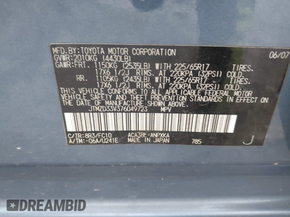 2007 Toyota RAV4 with VIN JTMZD33V376049723, listed as a IAAI auction lot 41560555 with 144,930 mi miles. Bid and sale history available at carsss.com. Image 9.