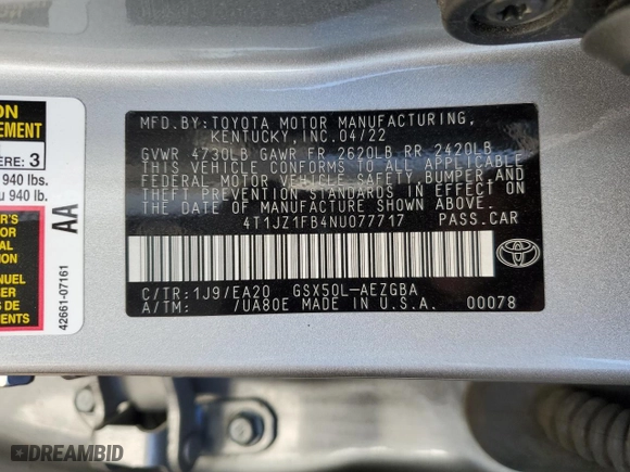 2022 Toyota Avalon XLE with VIN 4T1JZ1FB4NU077717, listed as a Copart auction lot 82772264 with 47,926 mi miles and Salvage Title. Bid and sale history available at carsss.com. Image 12.