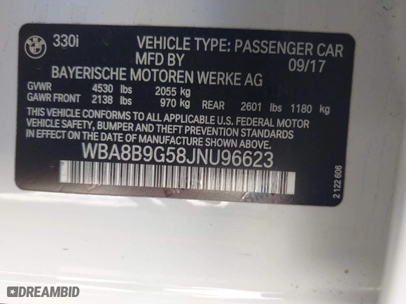 2018 BMW 3 Series 330i with VIN WBA8B9G58JNU96623, listed as a IAAI auction lot 41121819 with 1 mi miles. Bid and sale history available at carsss.com. Image 9.