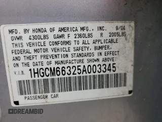 2005 Honda Accord LX with VIN 1HGCM66325A003345, listed as a Copart auction lot 47226895 with 137,276 mi miles and Salvage title. Bid and sale history available at DreamBid. Image 12.