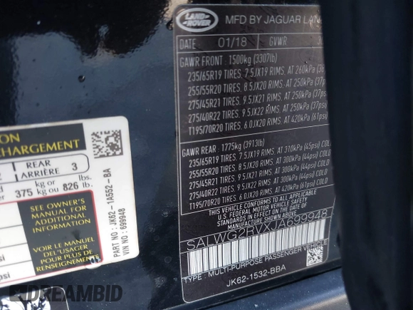 2018 Land Rover Range Rover Sport SE с VIN SALWG2RVXJA699948, выставлен на аукционе IAAI как лот 41606181 с пробегом 115 834 миль миль и . История ставок и продаж доступна на DreamBid. Изображение 9.