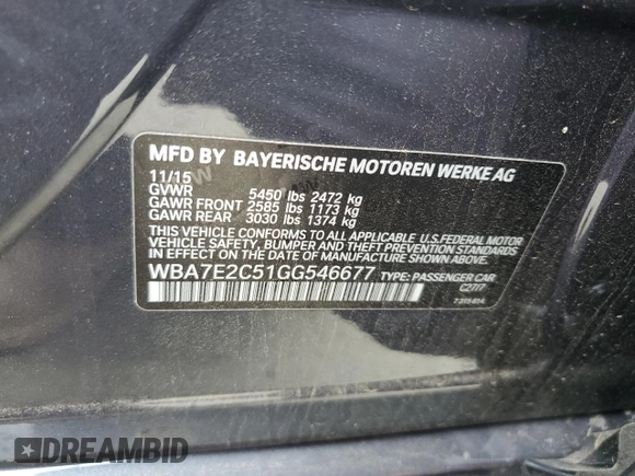 2016 BMW 7 Series 740i with VIN WBA7E2C51GG546677, listed as a Copart auction lot 63455445 with 106,553 mi miles and Salvage title. Bid and sale history available at DreamBid. Image 12.