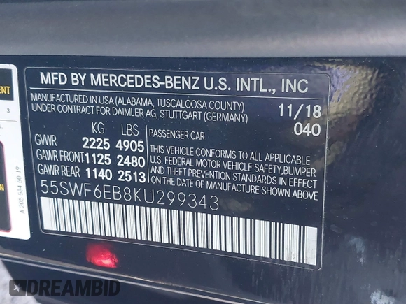 2019 Mercedes-Benz C 43 AMG with VIN 55SWF6EB8KU299343, listed as a IAAI auction lot 41432149 with 40,744 mi miles and . Bid and sale history available at DreamBid. Image 9.
