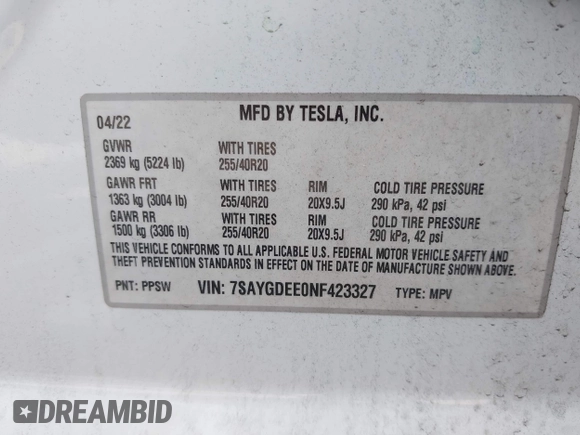 2022 Tesla Model Y Long Range with VIN 7SAYGDEE0NF423327, listed as a IAAI auction lot 41941114 with 29,559 mi miles and . Bid and sale history available at carsss.com. Image 9.