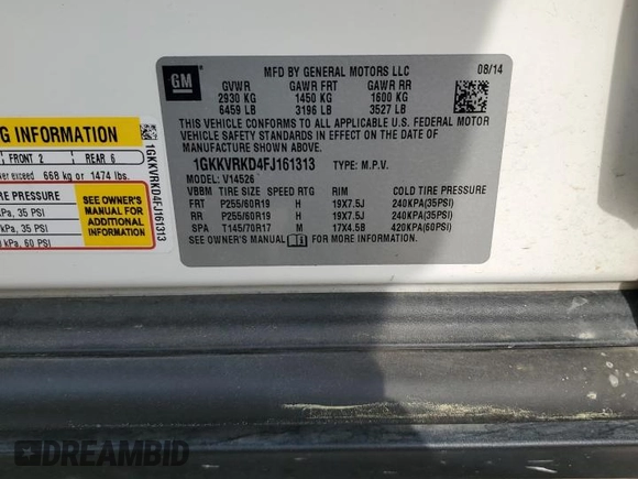 2015 GMC Acadia SLT z VIN 1GKKVRKD4FJ161313, wystawiony jako Copart lot #50782075 z przebiegiem 130 649 mil mil oraz Szkoda całkowita • Salvage title. Historia ofert i sprzedaży dostępna na DreamBid. Obrazek 14.