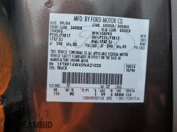 2005 Ford F-150 XL with VIN 1FTRF14W45NA21020, listed as a Copart auction lot 45088545 with 0 mi miles and Salvage Title. Bid and sale history available at carsss.com. Image 12.