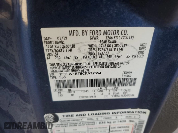 2012 Ford F-150 XL with VIN 1FTFW1ET5CFA72654, listed as a Copart auction lot 41878765 with 214,439 mi miles and Salvage Title. Bid and sale history available at carsss.com. Image 12.