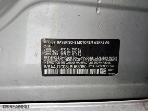 2020 BMW 4 Series 430i with VIN WBA4J1C08LBU68080, listed as a Copart auction lot 81631794 with 67,899 mi miles and Salvage Title. Bid and sale history available at carsss.com. Image 12.