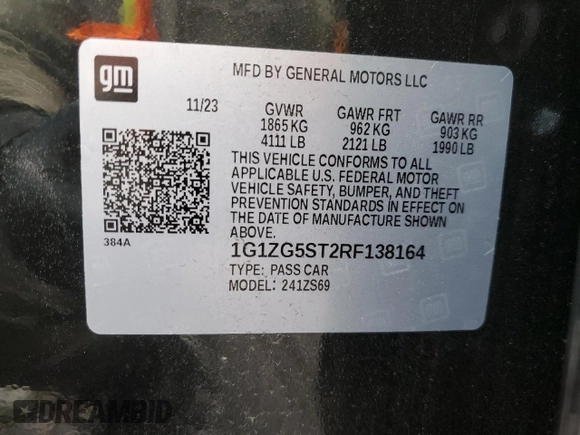 2024 Chevrolet Malibu RS with VIN 1G1ZG5ST2RF138164, listed as a Copart auction lot 43367865 with 21,415 mi miles and Salvage Title. Bid and sale history available at DreamBid. Image 12.
