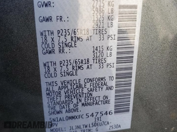 2015 Infiniti QX60 with VIN 5N1AL0MMXFC547546, listed as a Copart auction lot 54595005 with 114,560 mi miles and Salvage Title. Bid and sale history available at DreamBid. Image 13.