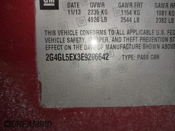 2014 Buick Regal with VIN 2G4GL5EX3E9206642, listed as a IAAI auction lot 41751689 with 127,865 mi miles and . Bid and sale history available at DreamBid. Image 9.