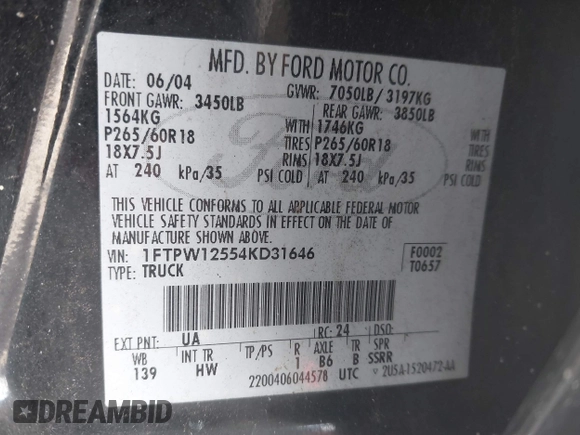 2004 Ford F-150 XLT z VIN 1FTPW12554KD31646, wystawiony jako IAAI lot #42798307 z przebiegiem 263 985 mil mil oraz . Historia ofert i sprzedaży dostępna na DreamBid. Obrazek 9.