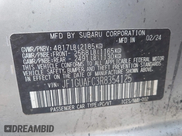 2024 Subaru Impreza Sport with VIN JF1GUAFC3R8354125, listed as a IAAI auction lot 41816606 with 6 mi miles. Bid and sale history available at carsss.com. Image 9.