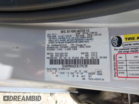 2012 Ford Fusion SE with VIN 3FAHP0HA2CR179129, listed as a IAAI auction lot 42439079 with 239,988 mi miles and . Bid and sale history available at DreamBid. Image 9.