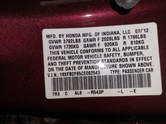 2012 Honda Civic Sdn EX with VIN 19XFB2F85CE082543, listed as a IAAI auction lot 41441122 with 122,910 mi miles. Bid and sale history available at carsss.com. Image 9.