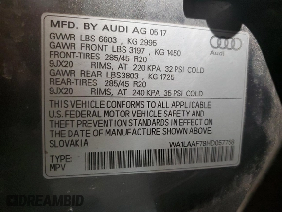 2017 Audi Q7 Premium Plus with VIN WA1LAAF78HD057758, listed as a Copart auction lot 52542015 with 79,681 mi miles and Salvage Title. Bid and sale history available at DreamBid. Image 14.