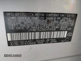 2011 Lexus ES 330 with VIN JTHBK1EG3B2433008, listed as a IAAI auction lot 42536589 with 126,518 mi miles and . Bid and sale history available at DreamBid. Image 9.