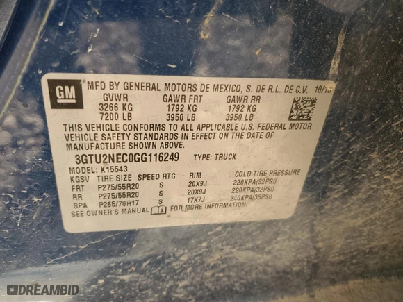 2016 GMC Sierra 1500 SLT with VIN 3GTU2NEC0GG116249, listed as a Copart auction lot 42445735 with 202,661 mi miles and Salvage Title. Bid and sale history available at carsss.com. Image 12.