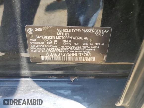 2017 BMW 3 Series 340i xDrive with VIN WBA8B7G35HNU37753, listed as a Copart auction lot 63533815 with 120,147 mi miles and Salvage title. Bid and sale history available at DreamBid. Image 12.