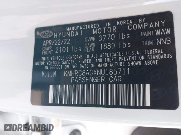 2022 Hyundai Venue Limited with VIN KMHRC8A3XNU185711, listed as a IAAI auction lot 42195088 with 31,957 mi miles and . Bid and sale history available at DreamBid. Image 9.