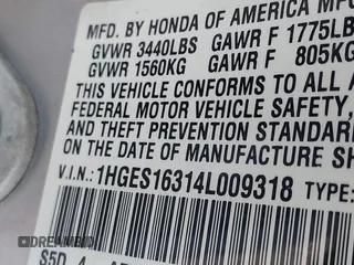 2004 Honda Civic VP with VIN 1HGES16314L009318, listed as a IAAI auction lot 41772317 with 190,822 mi miles. Bid and sale history available at carsss.com. Image 9.