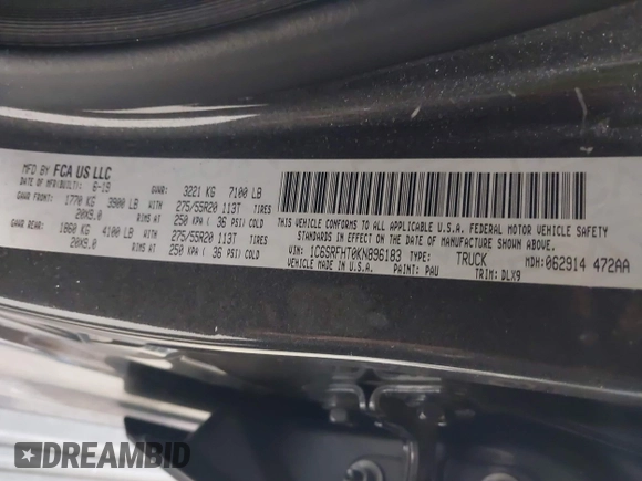 2019 Ram 1500 Limited with VIN 1C6SRFHT0KN896183, listed as a IAAI auction lot 42082017 with 116,517 mi miles and . Bid and sale history available at DreamBid. Image 9.