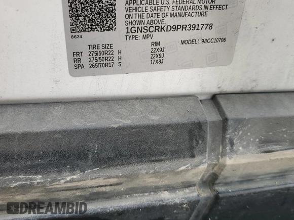 2023 Chevrolet Tahoe RST с VIN 1GNSCRKD9PR391778, выставлен на аукционе Copart как лот 54725335 с пробегом Не указан миль и Списание • Salvage title. История ставок и продаж доступна на DreamBid. Изображение 13.