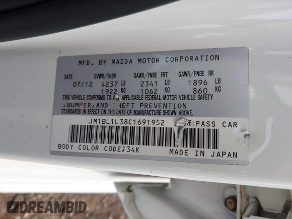 2012 Mazda 3 Mazdaspeed3 Touring with VIN JM1BL1L38C1691952, listed as a IAAI auction lot 40668375 with Not Provided miles and . Bid and sale history available at DreamBid. Image 9.