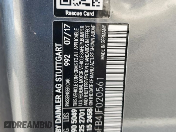 2018 Mercedes-Benz E 400 with VIN WDD1J6FB4JF020561, listed as a Copart auction lot 49998225 with 50,493 mi miles and Salvage Title. Bid and sale history available at DreamBid. Image 12.