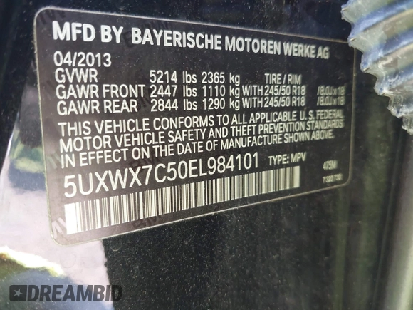 2014 BMW X3 xDrive35i with VIN 5UXWX7C50EL984101, listed as a IAAI auction lot 42016678 with 74,899 mi miles and . Bid and sale history available at DreamBid. Image 9.