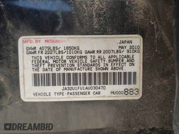 2010 Mitsubishi Lancer DE with VIN JA32U1FU1AU030470, listed as a IAAI auction lot 41389604 with 78,990 mi miles. Bid and sale history available at carsss.com. Image 9.