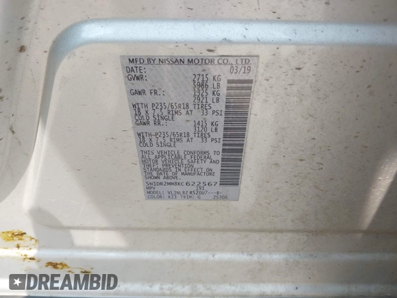 2019 Nissan Pathfinder S with VIN 5N1DR2MM8KC622567, listed as a IAAI auction lot 42404897 with 87,955 mi miles and . Bid and sale history available at DreamBid. Image 9.