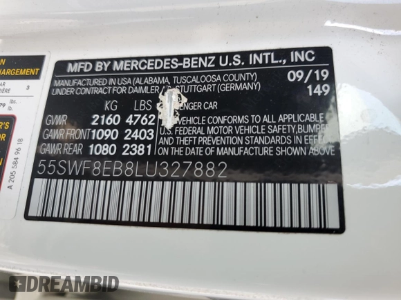 2020 Mercedes-Benz C 300 with VIN 55SWF8EB8LU327882, listed as a Copart auction lot 60080425 with 38,045 mi miles and Salvage title. Bid and sale history available at DreamBid. Image 13.